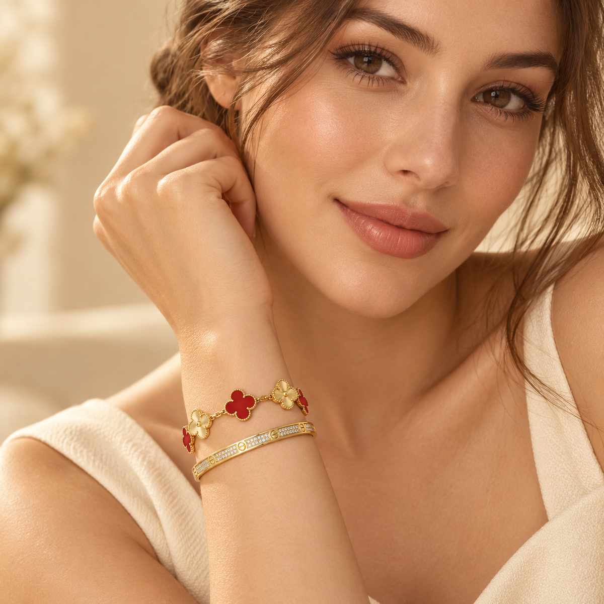 [OAKJURI Jewelry]Clover & Love Diamond-Paved Radiant Line 2-Piece Bracelet Stack Set
