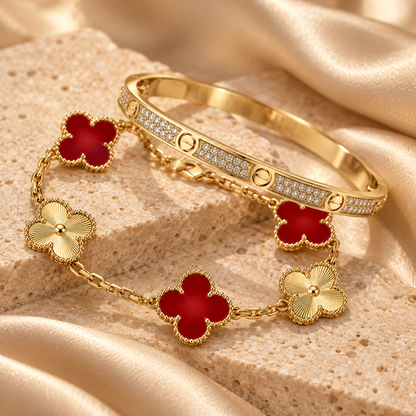[OAKJURI Jewelry]Clover & Love Diamond-Paved Radiant Line 2-Piece Bracelet Stack Set