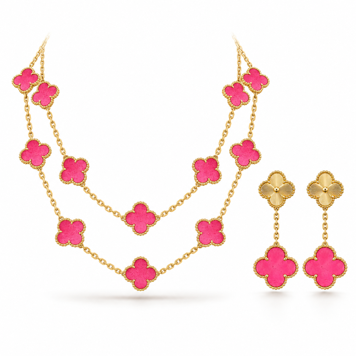 [OAKJURI Jewelry]Clover Pink Enamel Necklace & Earring Jewelry Set