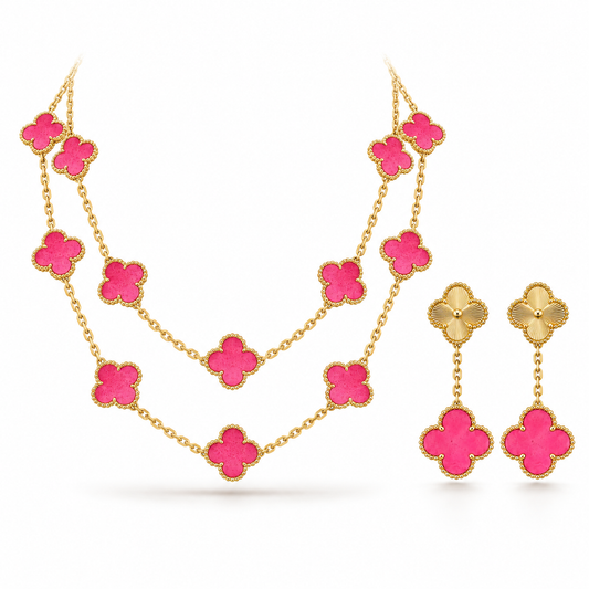 [OAKJURI Jewelry]Clover Pink Enamel Necklace & Earring Jewelry Set