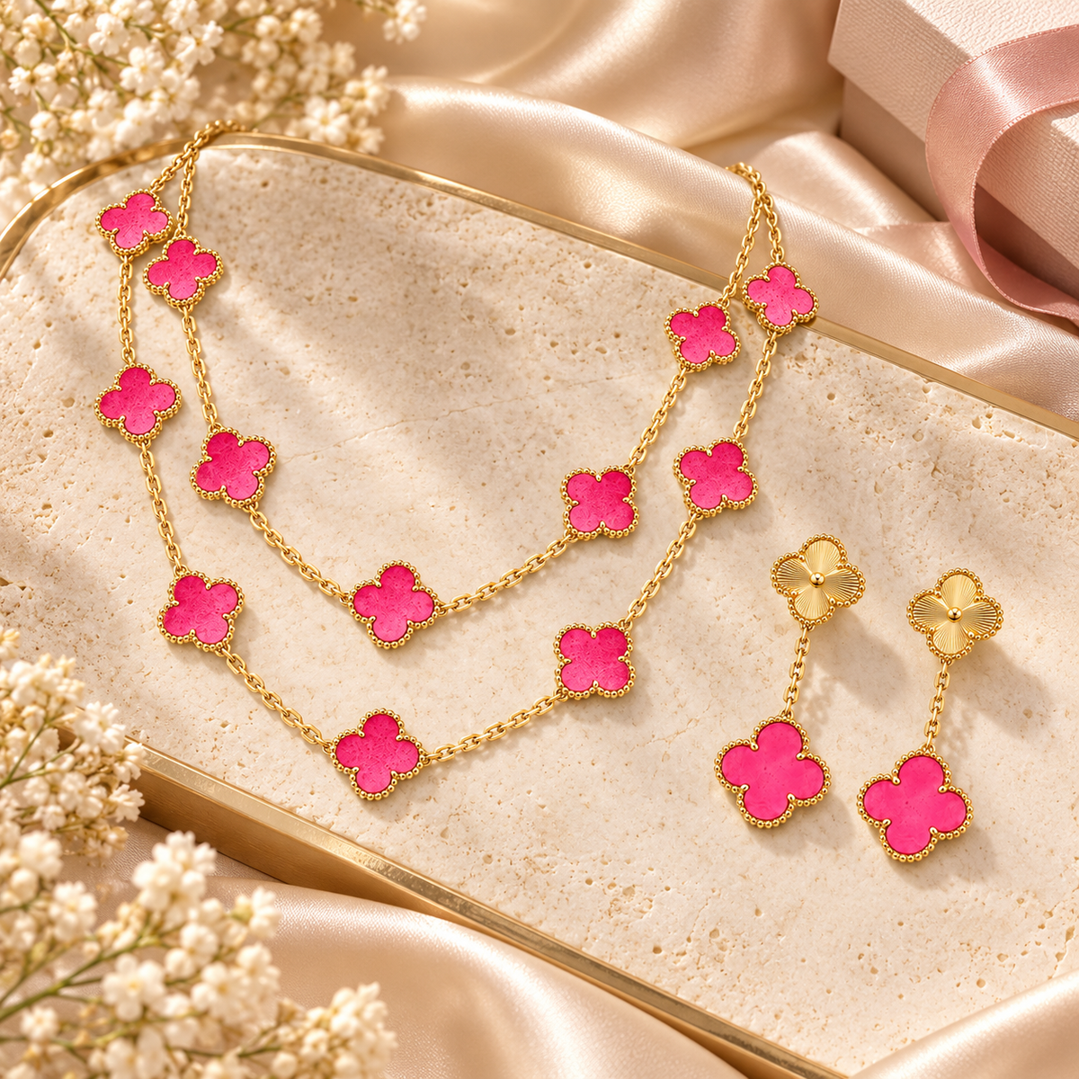 [OAKJURI Jewelry]Clover Pink Enamel Necklace & Earring Jewelry Set