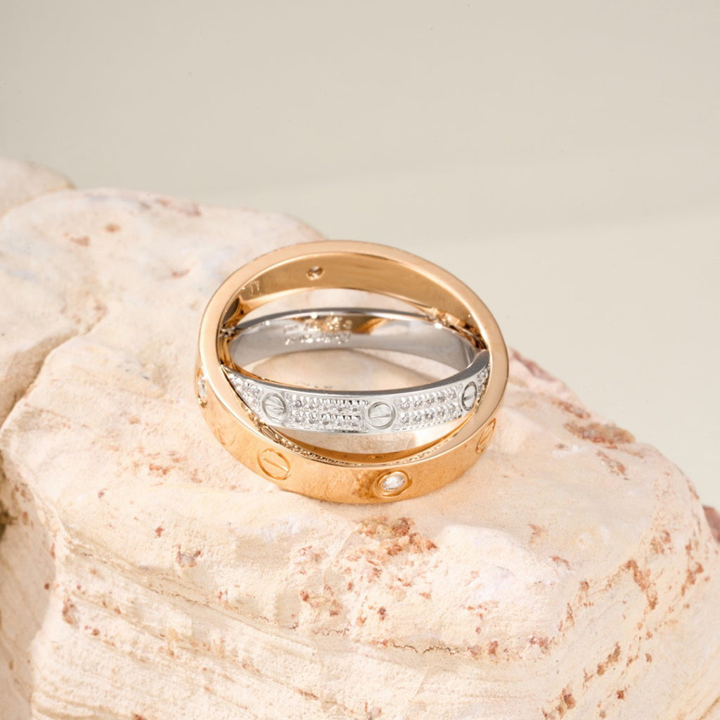 [OAKJURI Jewelry] LOVE PINK GOLD SILVER DIAMOND DOUBLE RING