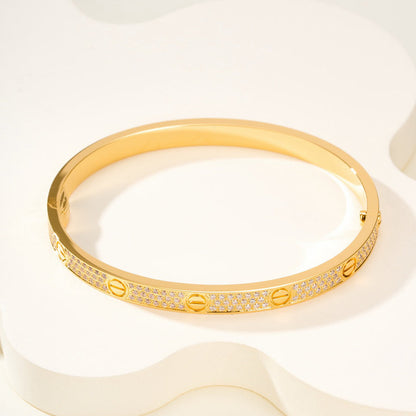 [OAKJURI Jewelry]Clover Laser  Pulsar Stone 5-Motif & LOVE Diamond-Paved Bracelet Stack Set