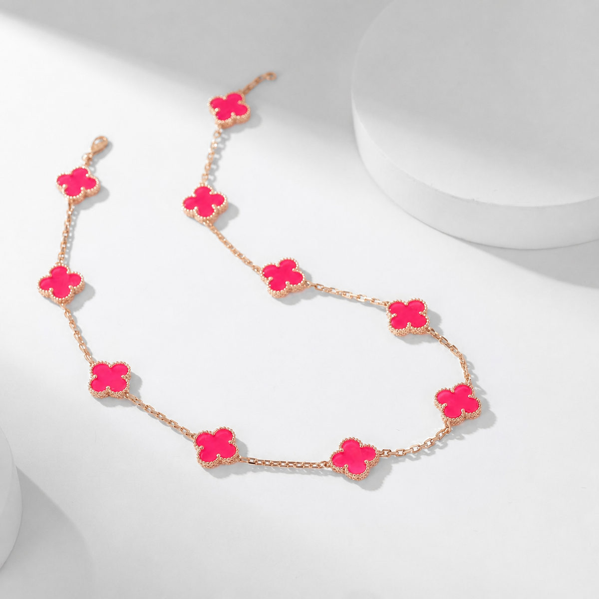 [OAKJURI Jewelry]NEW CLOVER 10 MOTIFS PINK ENAMEL NECKLACE