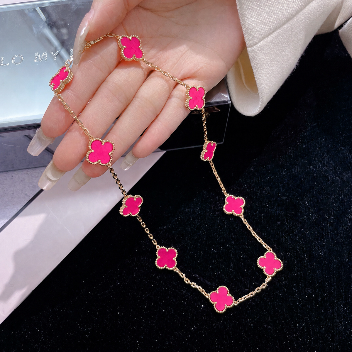 [OAKJURI Jewelry]NEW CLOVER 10 MOTIFS PINK ENAMEL NECKLACE