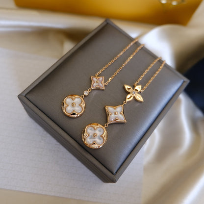 [OAKJURI Jewelry]COLOR BLOSSOM LARIAT NECKLACE PINK GOLD WHITE MOTHER PEARL AND DIAMOND