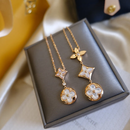 [OAKJURI Jewelry]COLOR BLOSSOM LARIAT NECKLACE PINK GOLD WHITE MOTHER PEARL AND DIAMOND
