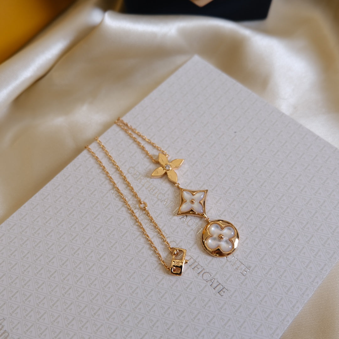 [OAKJURI Jewelry]COLOR BLOSSOM LARIAT NECKLACE PINK GOLD WHITE MOTHER PEARL AND DIAMOND