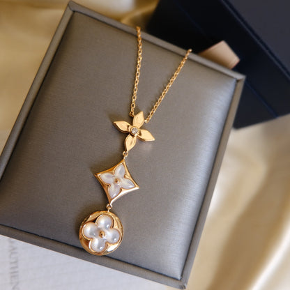 [OAKJURI Jewelry]COLOR BLOSSOM LARIAT NECKLACE PINK GOLD WHITE MOTHER PEARL AND DIAMOND