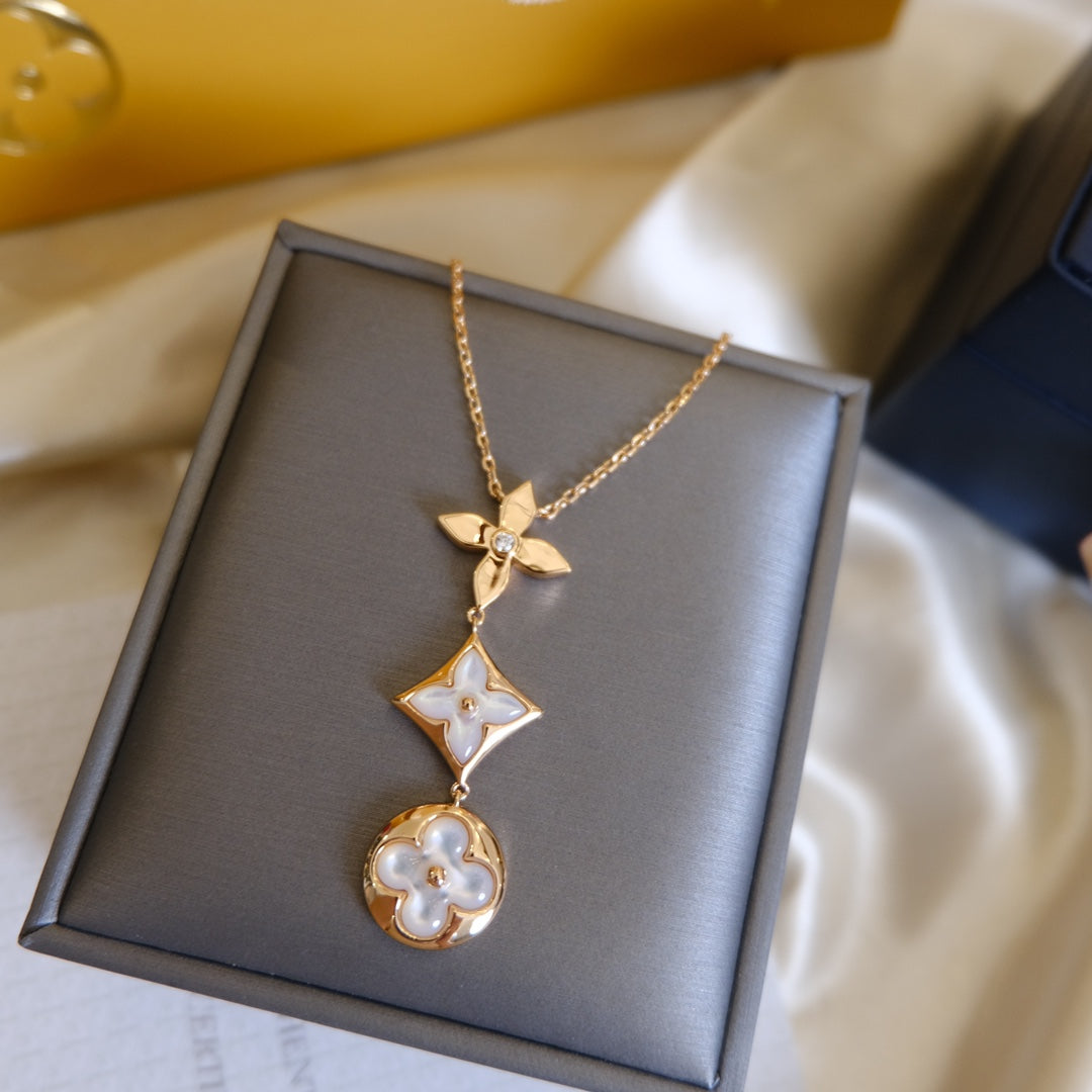 [OAKJURI Jewelry]COLOR BLOSSOM LARIAT NECKLACE PINK GOLD WHITE MOTHER PEARL AND DIAMOND