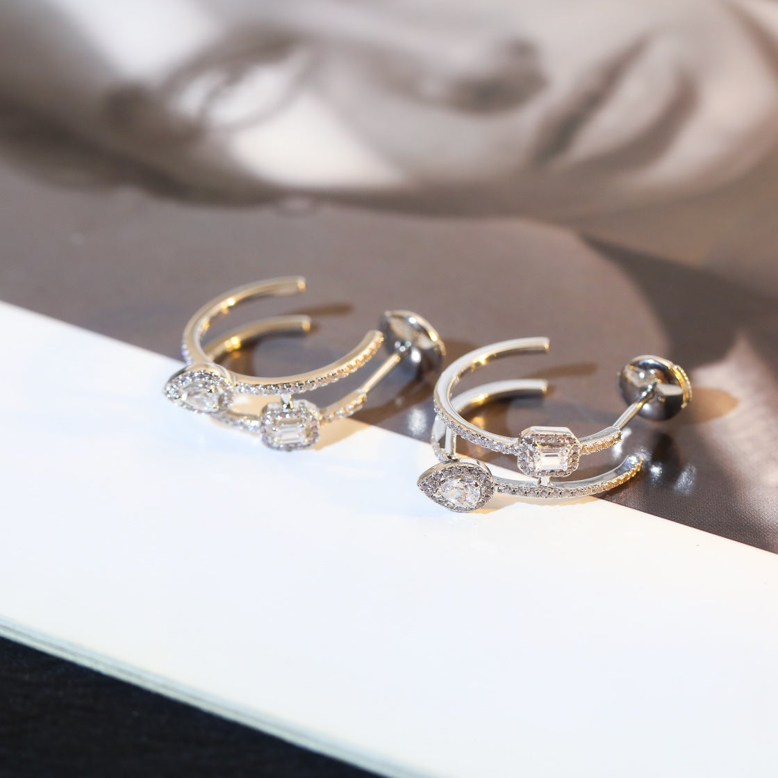 [OAKJURI Jewelry]CREOLES MY TWIN 2 RANGS SILVER DIAMOND EARRINGS