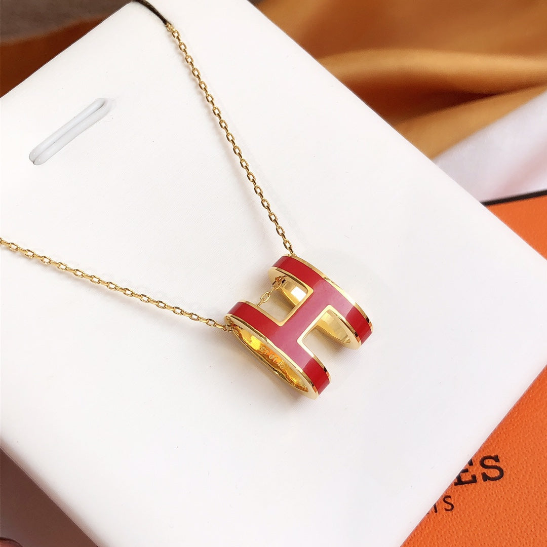 [OAKJURI Jewelry]HM CLIC RED ENAMEL GOLD NECKLACE