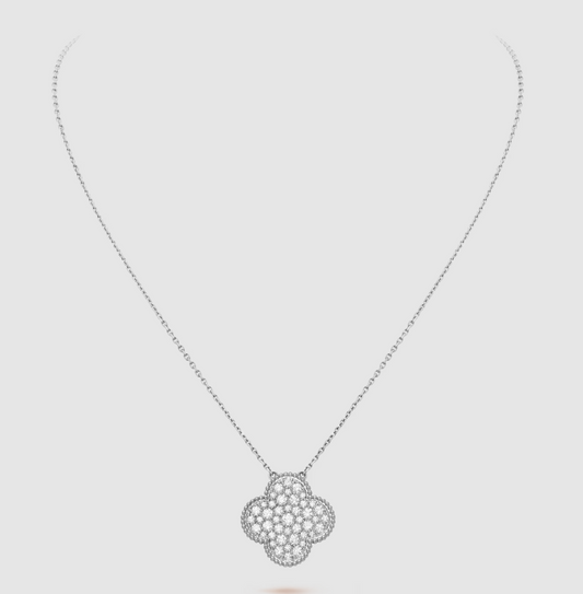 [OAKJURI Jewelry]CLOVER 25MM LARGE PENDANT DIAMOND PAVED SILVER NECKLACE