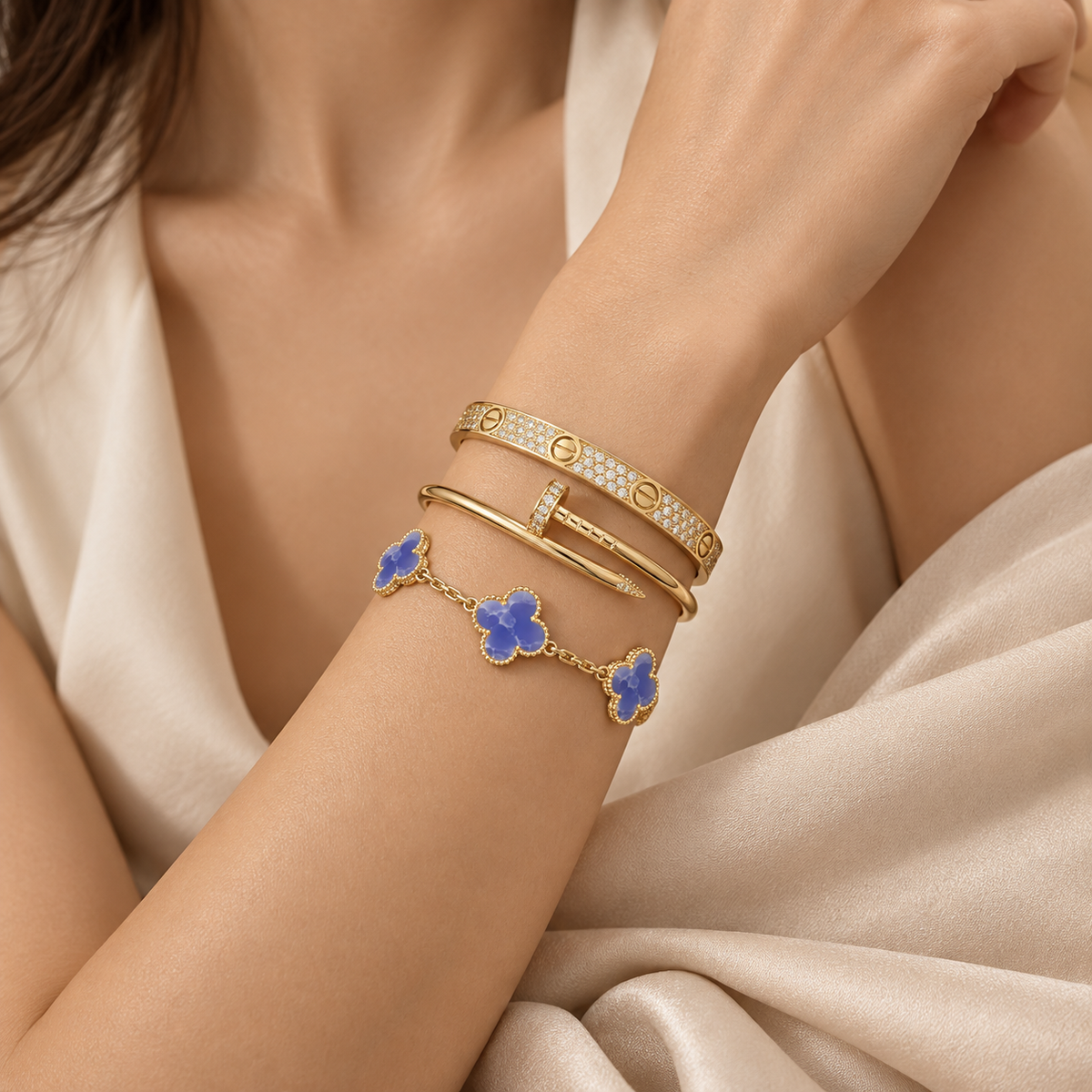 [OAKJURI Jewelry] LOVE & JUSTE & Blue Veins Clover 5-Motif Diamond Bracelet Stack Set