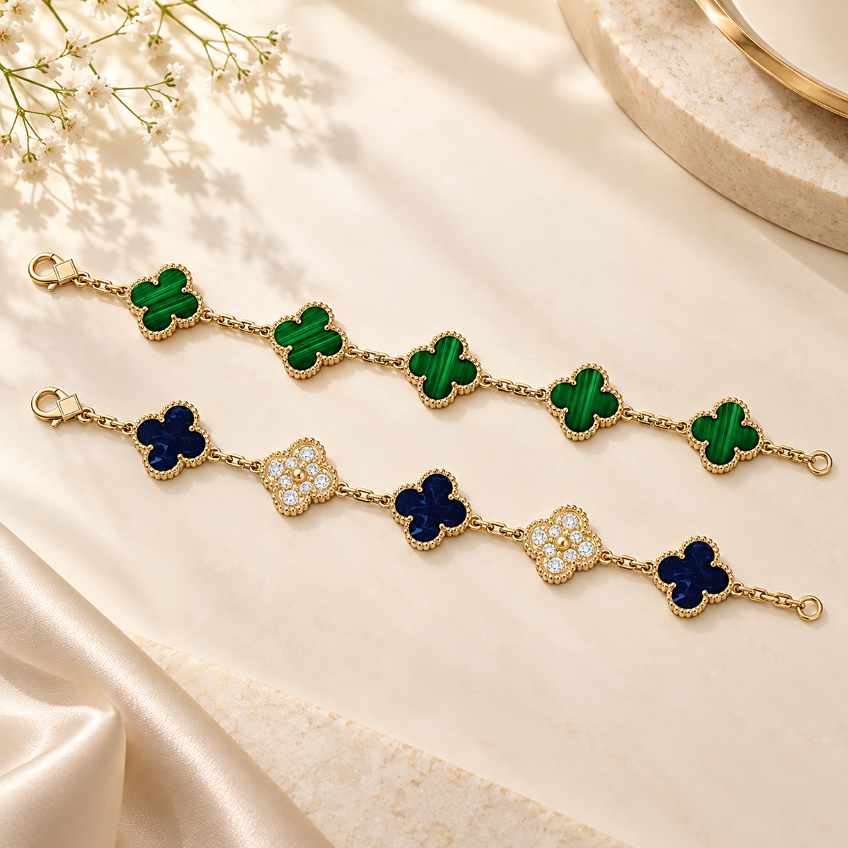 [OAKJURI Jewelry]Clover 5-Motif Malachite & Pietersite Bracelet Stack Set