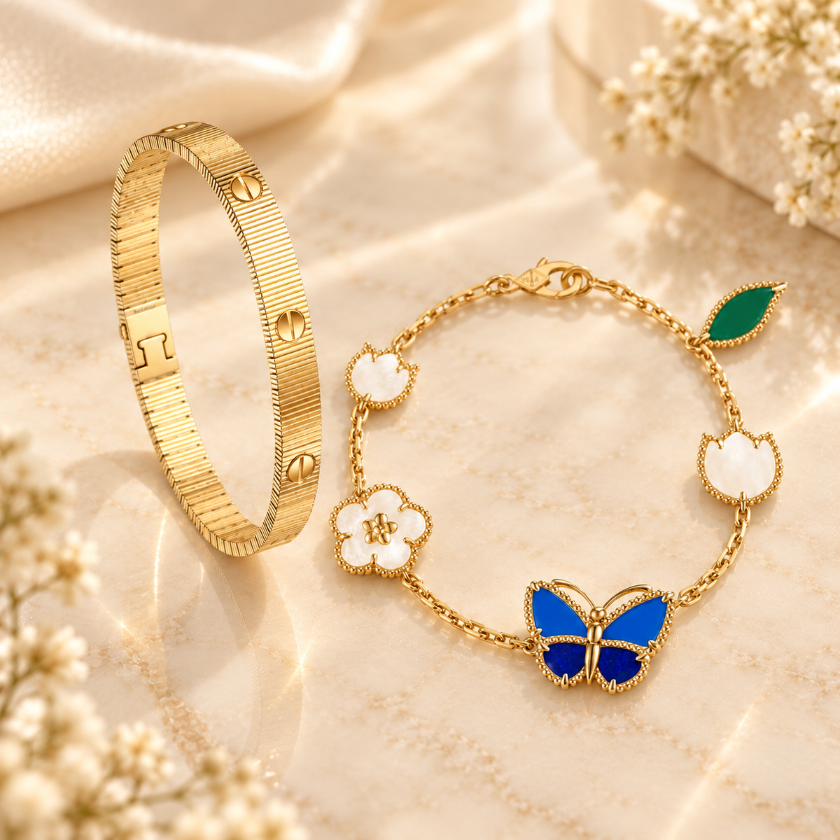 [OAKJURI Jewelry] Lucky Spring Butterfly 5-Motif & LOVE Unlimited Bracelet Stack Set