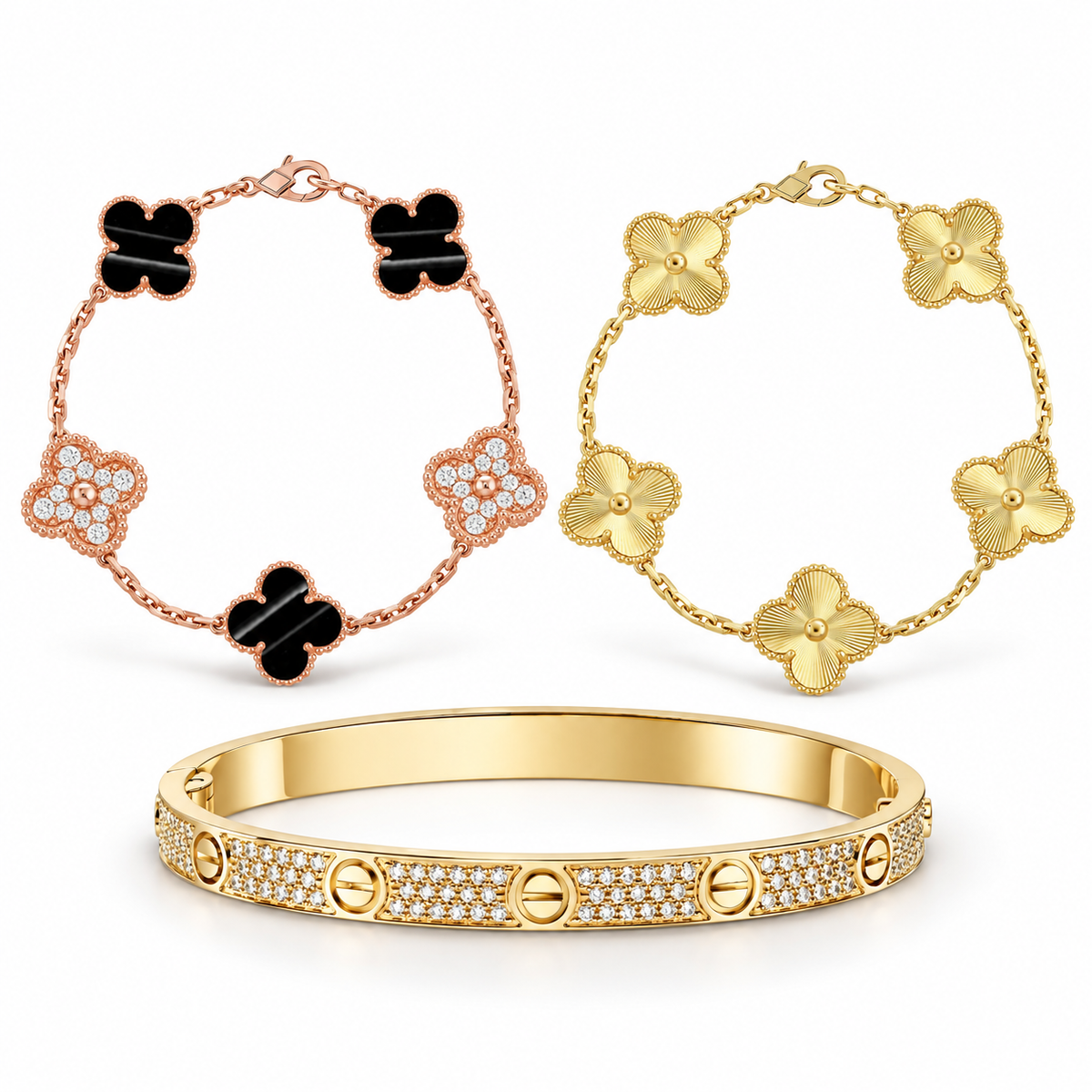 [OAKJURI Jewelry]Clover Laser  Pulsar Stone 5-Motif & LOVE Diamond-Paved Bracelet Stack Set