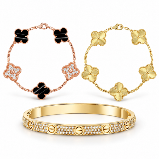 [OAKJURI Jewelry]Clover Laser  Pulsar Stone 5-Motif & LOVE Diamond-Paved Bracelet Stack Set