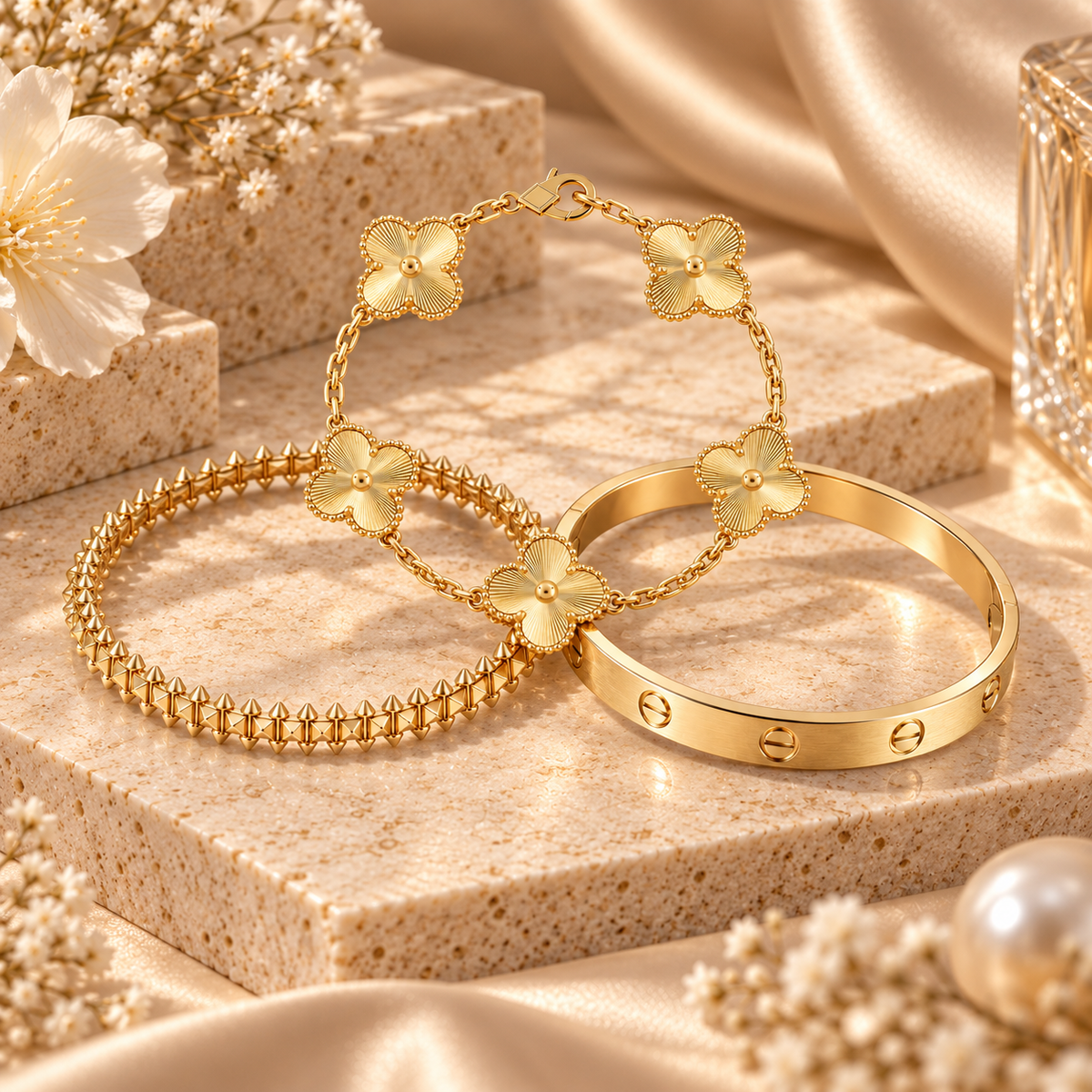 [OAKJURI Jewelry] CLASH & Clover Laser 5-Motif & LOVE Brushed Bracelet Stack Set