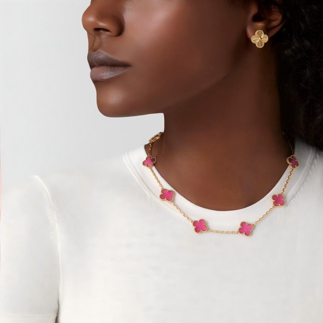 [OAKJURI Jewelry]NEW CLOVER 10 MOTIFS PINK ENAMEL NECKLACE
