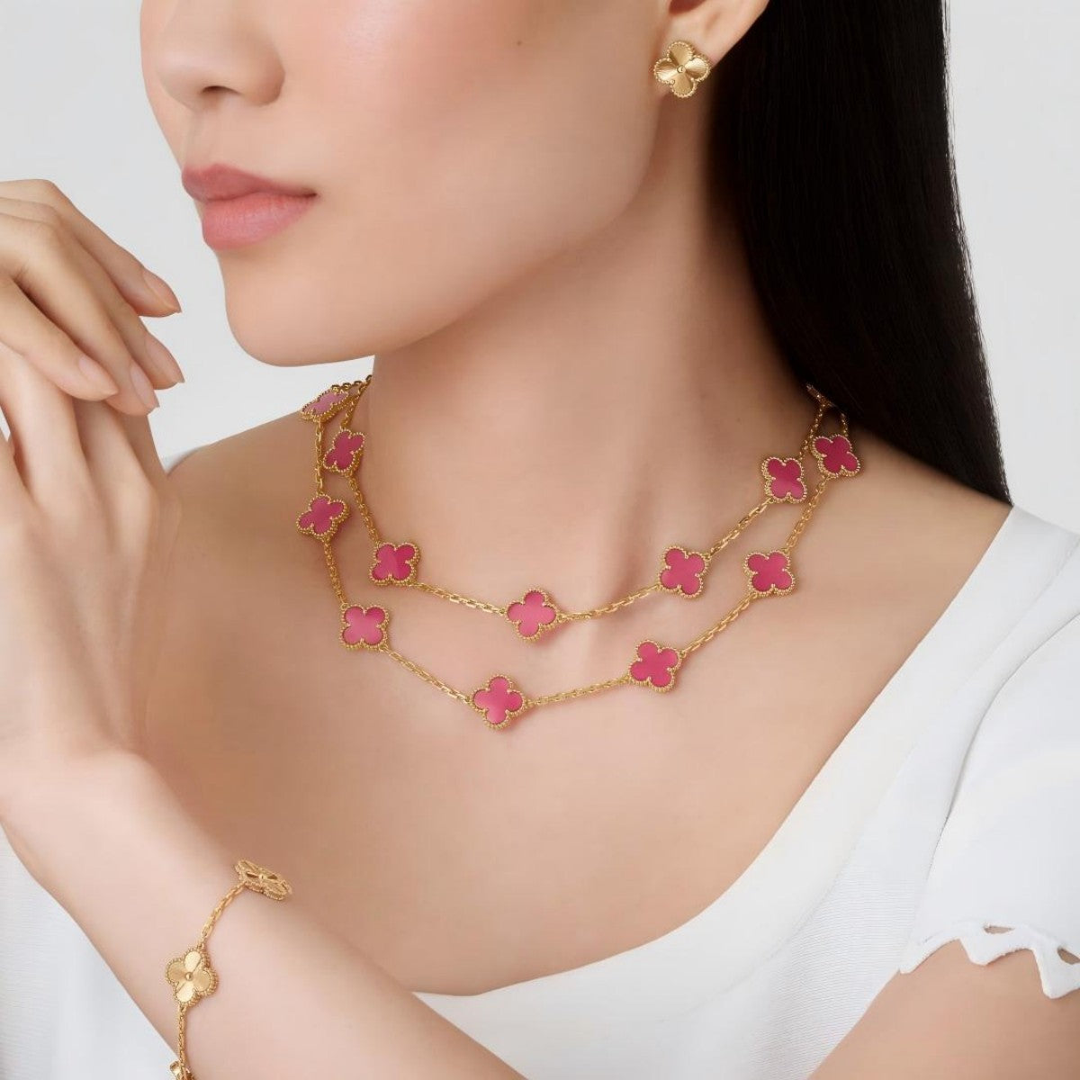 [OAKJURI Jewelry]Clover Pink Enamel Necklace & Earring Jewelry Set