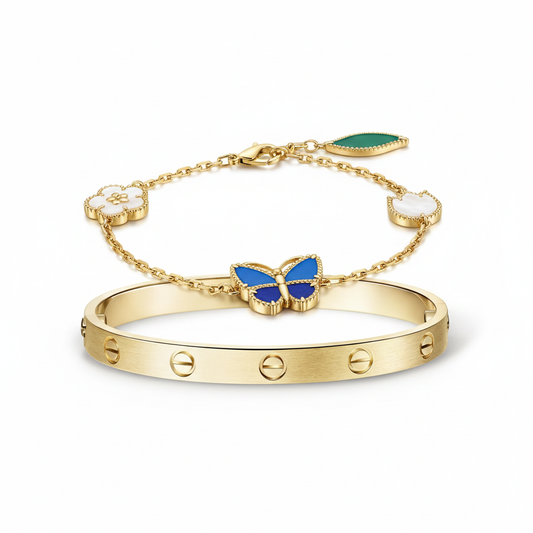 [OAKJURI Jewelry] LOVE Brushed & Lucky Spring Butterfly 5-Motif Bracelet Stack Set