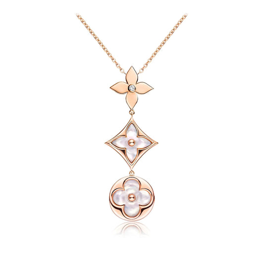[OAKJURI Jewelry]COLOR BLOSSOM LARIAT NECKLACE PINK GOLD WHITE MOTHER PEARL AND DIAMOND