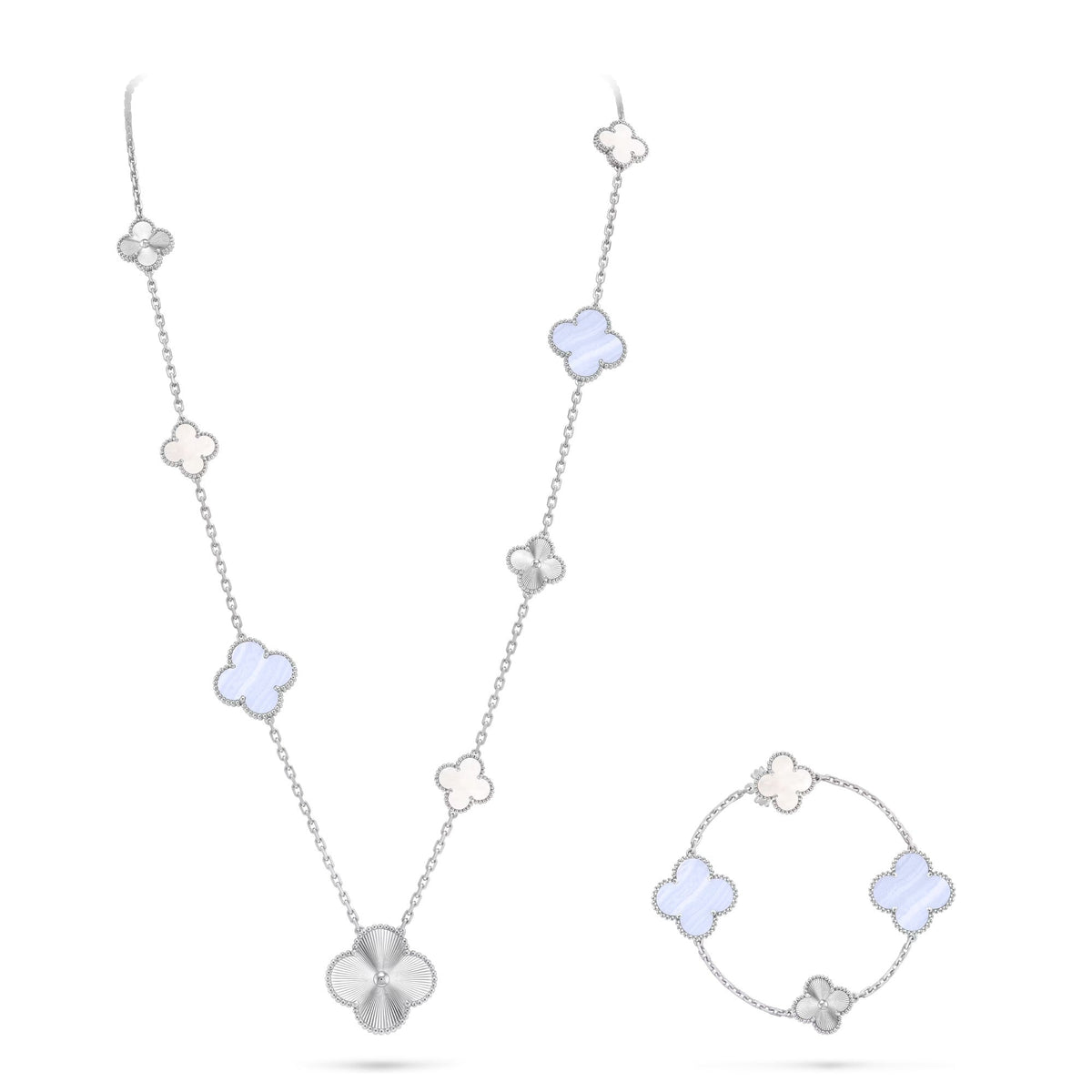 [OAKJURI Jewelry]DETACHABLE CLOVER 15(11+4) FLOWER SILVER NECKLACE SET