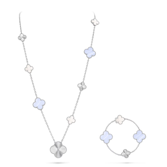 [OAKJURI Jewelry]DETACHABLE CLOVER 15(11+4) FLOWER SILVER NECKLACE SET