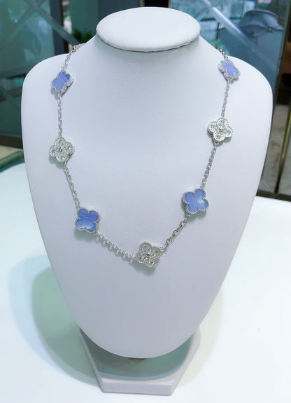 [OAKJURI Jewelry]CLOVER 10 MOTIFS CHALCEDONY DIAMONDS SILVER NECKLACE