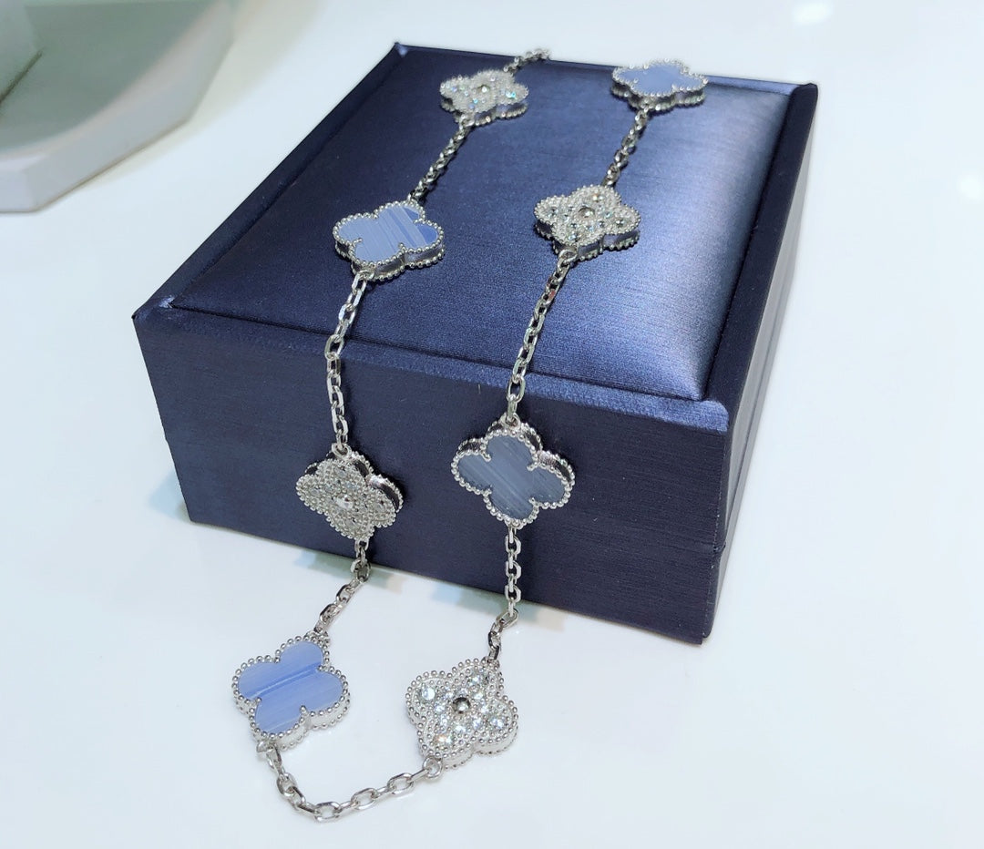 [OAKJURI Jewelry]CLOVER 10 MOTIFS CHALCEDONY DIAMONDS SILVER NECKLACE