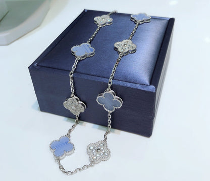 [OAKJURI Jewelry]CLOVER 10 MOTIFS CHALCEDONY DIAMONDS SILVER NECKLACE