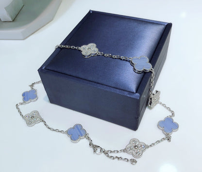 [OAKJURI Jewelry]CLOVER 10 MOTIFS CHALCEDONY DIAMONDS SILVER NECKLACE
