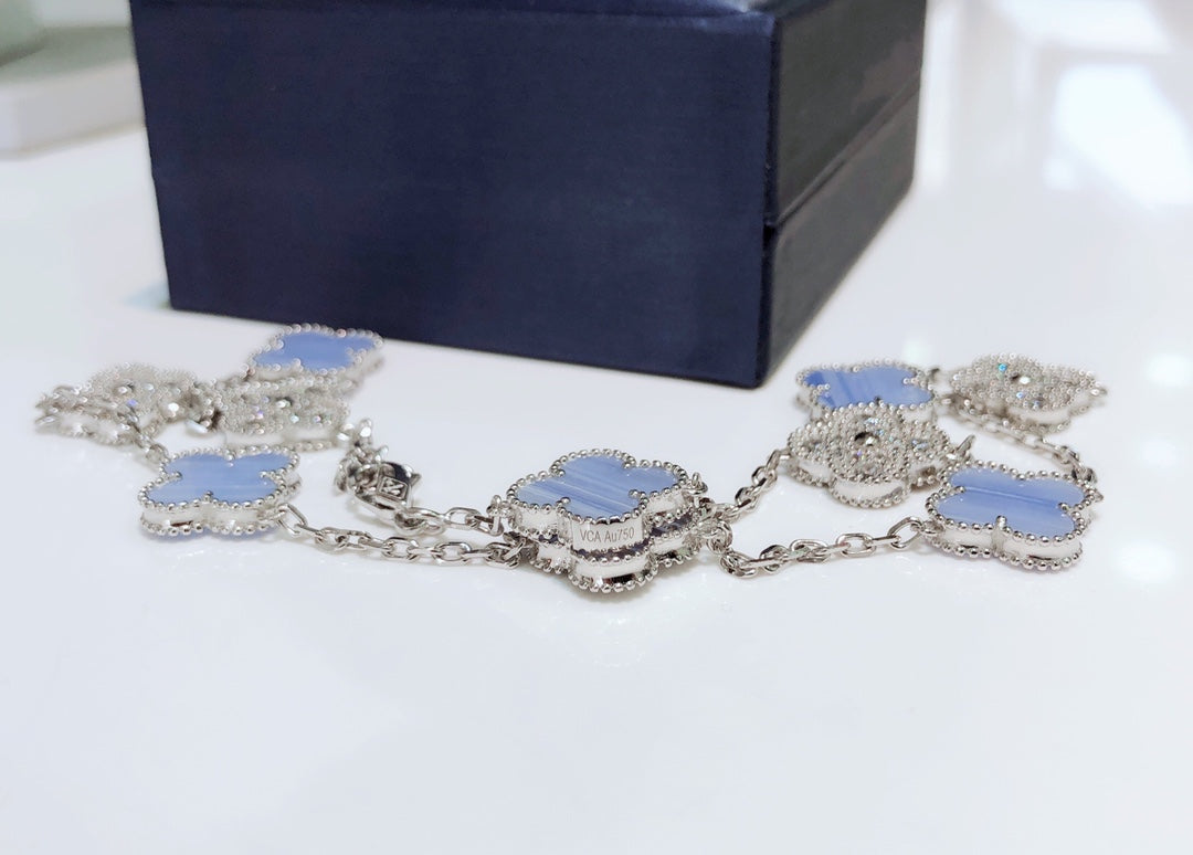 [OAKJURI Jewelry]CLOVER 10 MOTIFS CHALCEDONY DIAMONDS SILVER NECKLACE